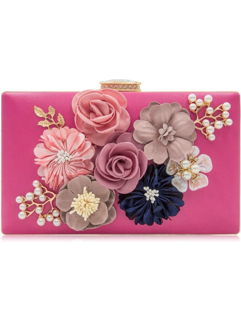 Women's Fuschia Floral Clutch Purse Wedding Rhinestone Prom Party Evening Bag